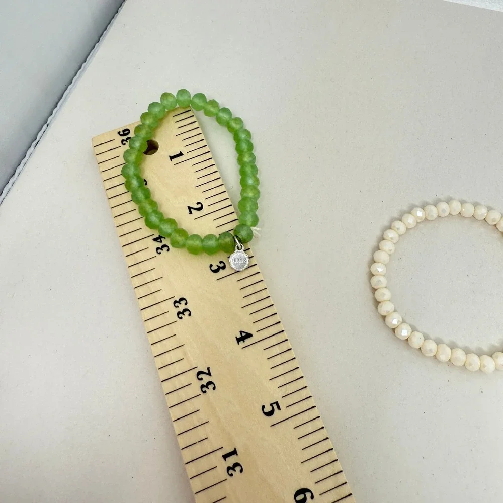 Lizas Beaded Bracelet Set‎ Green White Faceted Crystal Stretch Layering Stacking